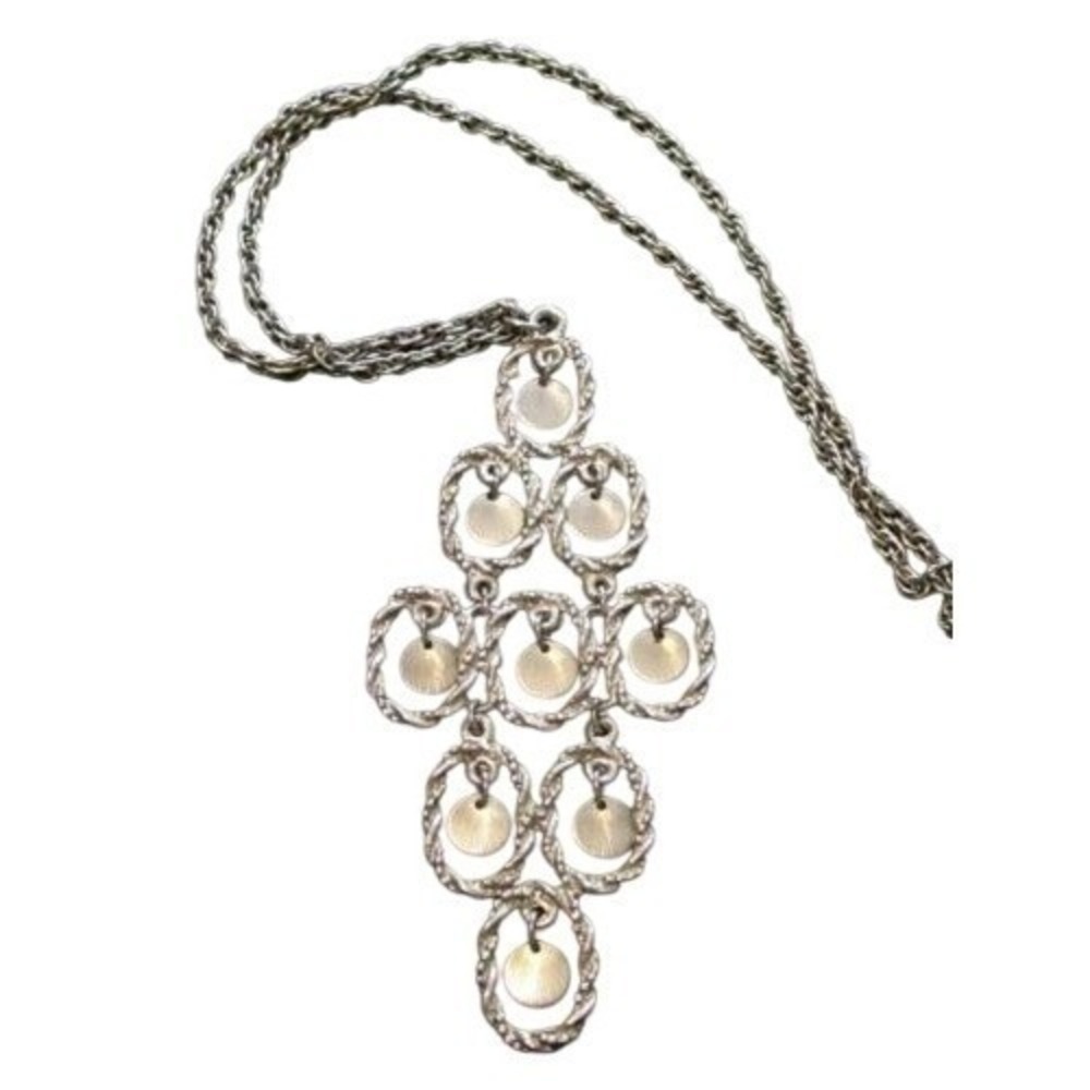 Vintage Waterfall 24" Necklace Chandelier Style Large‎ Silver Toned Pendant